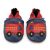 Navy blue leather Dotty Fish soft sole baby and toddler boy’s shoes with red ankle trim and red fire engine design.