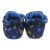 Back of blue baby booties, with dinosaur pattern.