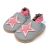 Grey leather Dotty Fish soft sole pre-walker shoes with pink ankle trim and pink star design.