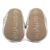Soft suede soles of baby booties, imprinted with Dotty Fish logo.