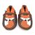 Brown leather Dotty Fish soft sole baby and toddler first walker shoes for boys and girls, with orange ankle trim and orange and white fox design.