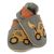 Grey Dotty Fish soft sole infant shoes with orange ankle trim and yellow digger design.