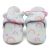 Pale blue cotton baby booties with pink fleece lining and rainbow pattern.