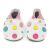 White leather Dotty Fish soft sole baby and toddler first walker shoes for girls with pink ankle trim and multicoloured spots.