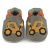 Grey leather Dotty Fish soft sole baby and toddler boy’s shoes with orange ankle trim and yellow digger design.