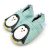 Mint green leather Dotty Fish soft sole pre-walker shoes with white and black penguin shoes.
