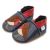 Navy blue leather Dotty Fish soft sole pre-walker shoes with red ankle trim and brown and red robin design.