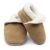 Dotty Fish tan suede infant soft sole barefoot slippers, with fluffy fleece lining.