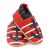 Red Dotty Fish soft sole infant first walker shoes with white stripes, navy ankle trim and navy anchor design.