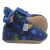 Side of blue cotton booties, with blue fleece lining and dinosaur pattern.