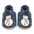 Navy leather Dotty Fish soft sole baby and toddler first walker shoes for boys and girls, with white snowman wearing black hat and embroidered rainbow scarf design.