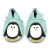 Mint green leather Dotty Fish soft sole baby and toddler first walker shoes for boys and girls, with white and black penguin design.