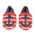 Red leather Dotty Fish soft sole baby and toddler boy’s shoes with white stripes, navy ankle trim and navy anchor design.
