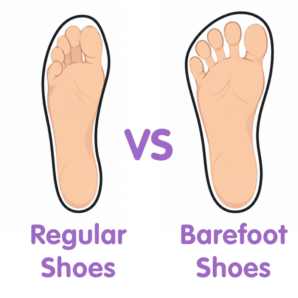 Comparison of a regular shoe and barefoot-style shoe showing toe space