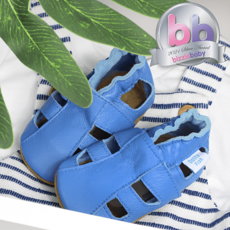 Dotty Fish bright blue leather sandals with soft suede sole.