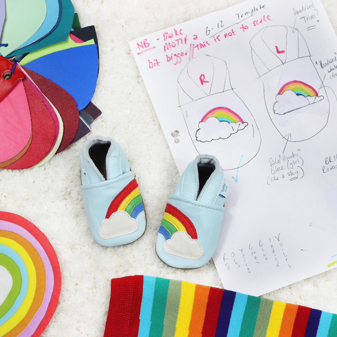Design ideas and finished product for Dotty Fish rainbow baby shoes.