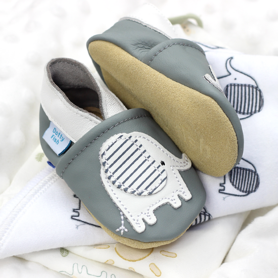 Dotty Fish grey leather baby shoes with elephant design.